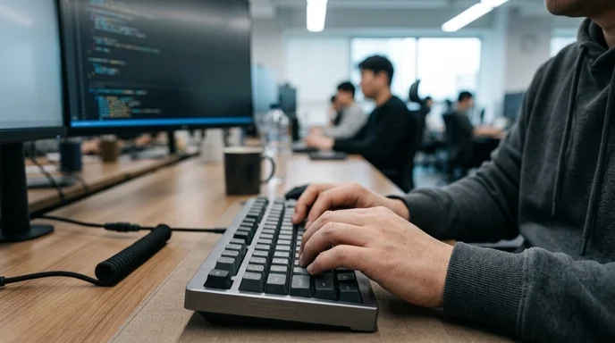 Hands of a Korean developer typing on a worn mechanical keyboard in an office setting.
