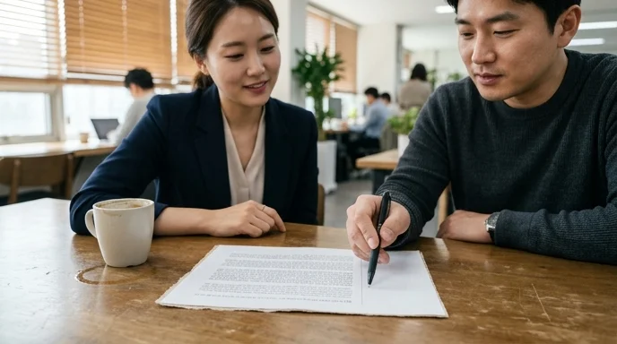 Two colleagues at a meeting table, with one pointing a pen at a document's margin.