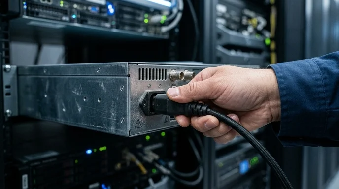 A technician's hand plugs a power cable into the rear port of a video controller.