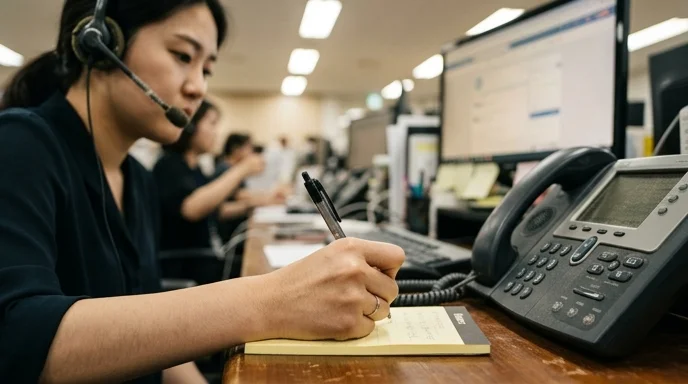 A Korean representative's hand taking notes while wearing a headset in an office.