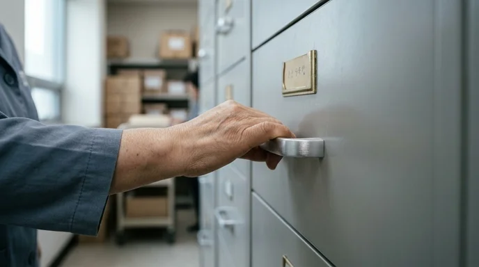 A Korean archivist's hand pulls the brushed aluminum handle of a metal filing cabinet.