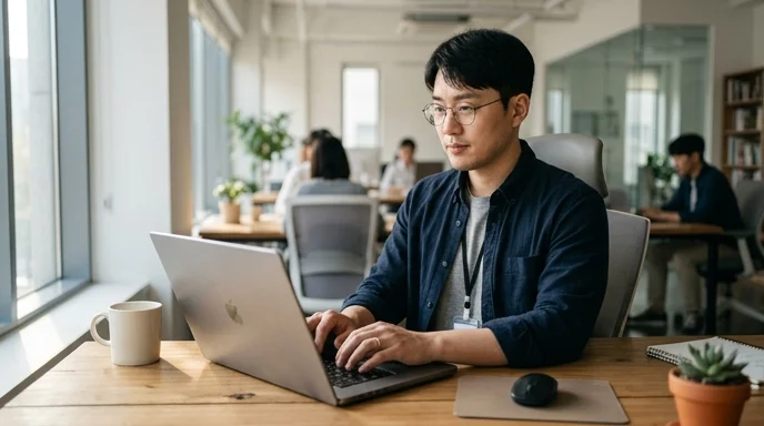 A Korean technician sitting at an office desk typing on an aluminum laptop.
