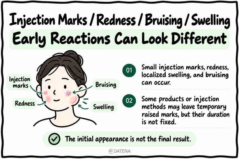 Illustrated comparison of early Rejuran injection marks, redness, bruising, and swelling.