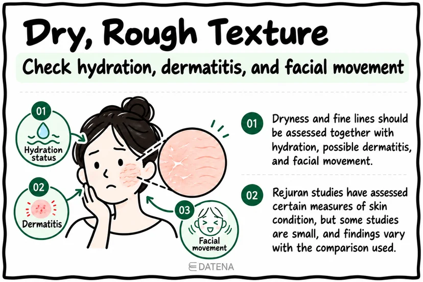 Dry skin texture checklist covering hydration, dermatitis, and facial movement before injectable treatment.