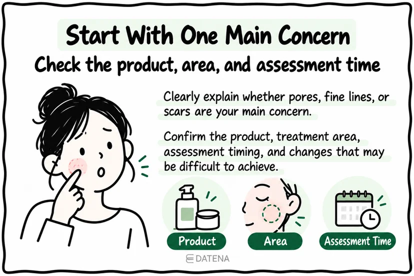 Juvelook consultation checklist: main concern, product, treatment area, and assessment time.