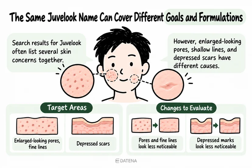 Juvelook infographic separating treatment goals for enlarged-looking pores, fine lines, and depressed scars.