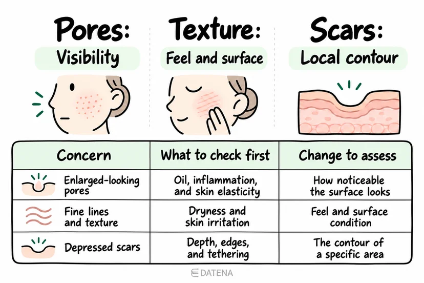 Comparison chart of pores, skin texture, and depressed scars, with different changes to assess.