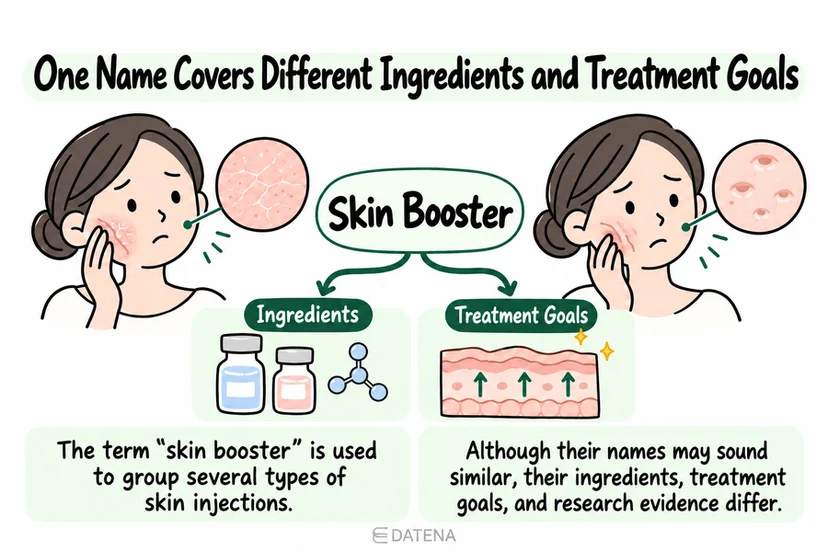 Skin booster overview explaining differences in ingredients, treatment goals, and research evidence.