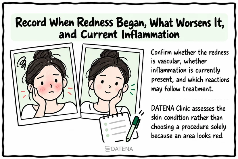 Vbeam consultation checklist recording when redness began, worsening triggers, and current inflammation.