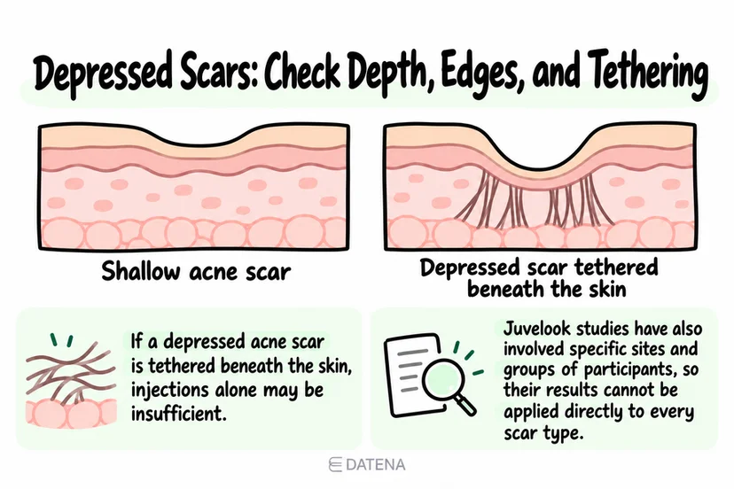 Depressed scar illustration explaining depth, edges, and tethering beneath the skin.