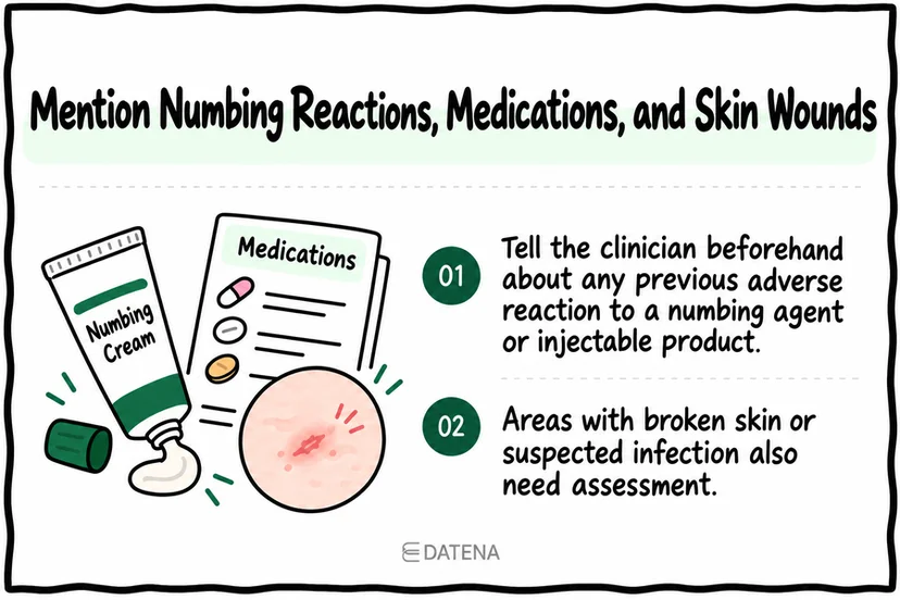 Rejuran preparation checklist for numbing reactions, medications, and wounds or suspected skin infection.