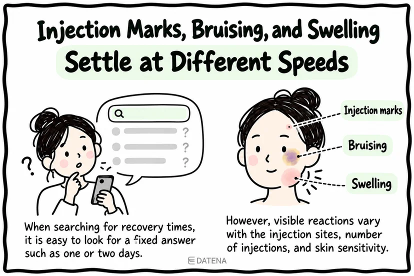 Rejuran recovery infographic explaining that injection marks, bruising, and swelling settle at different speeds.