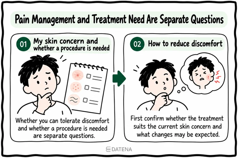 Rejuran consultation infographic separating pain management from whether treatment suits the skin concern.