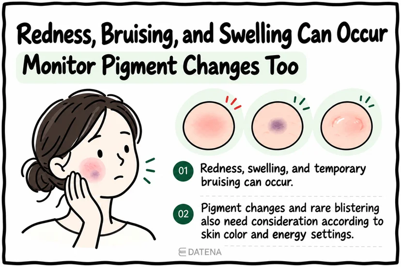 Vbeam aftercare infographic covering redness, bruising, swelling, and possible pigment changes.