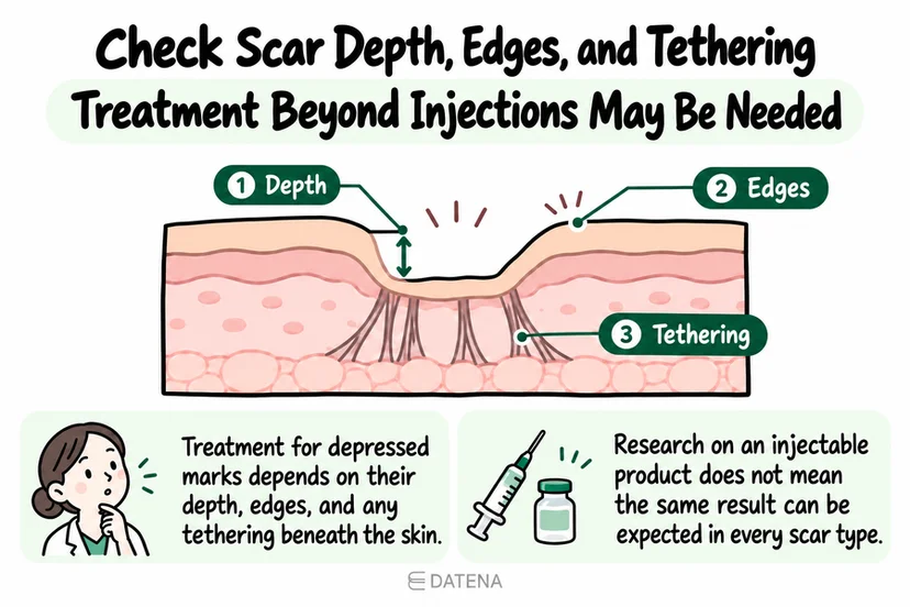 Depressed scar assessment illustration showing depth, edges, and tethering beneath the skin.
