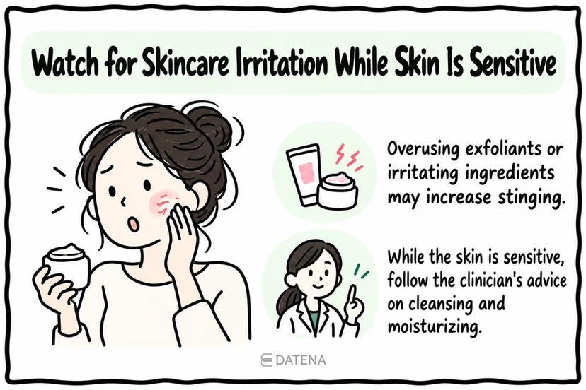 Skincare after Rejuran infographic about irritating products while treated skin remains sensitive.