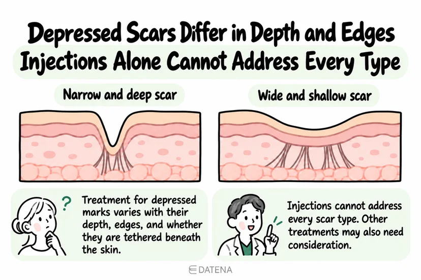 Depressed scar diagram showing differences in depth and edges and the limitations of injections alone.