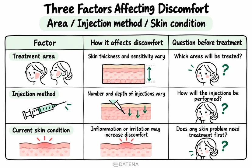 Rejuran pain comparison chart covering treatment area, injection method, and skin condition.