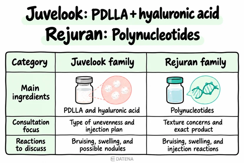 Juvelook and Rejuran comparison chart showing ingredients, consultation goals, and injection reactions.