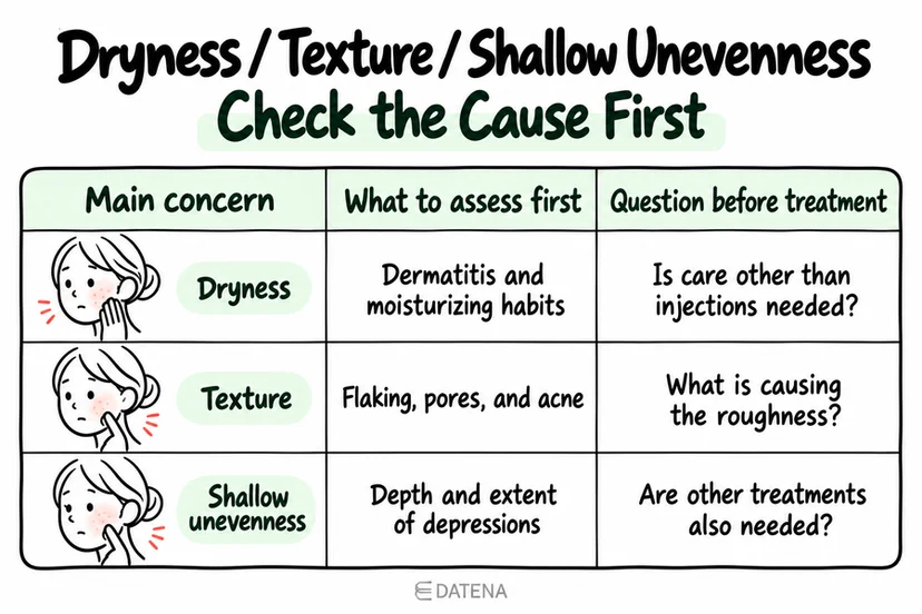 Skin concern infographic distinguishing dryness, rough texture, and shallow unevenness before injections.