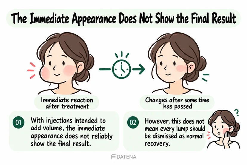 Juvelook Volume infographic explaining why immediate appearance does not establish the final result.