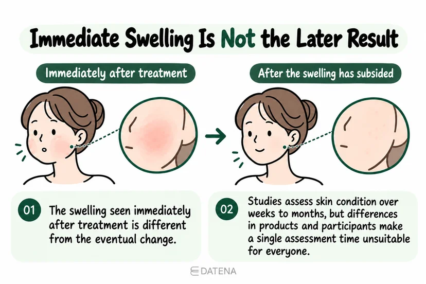 Juvelook timeline distinguishing immediate swelling from skin changes assessed later.