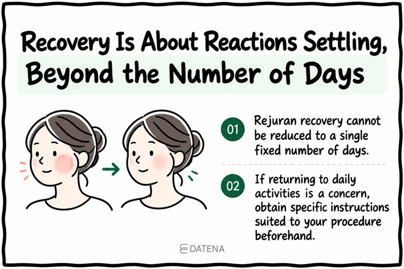 Rejuran recovery summary emphasizing settling skin reactions rather than a fixed number of days.
