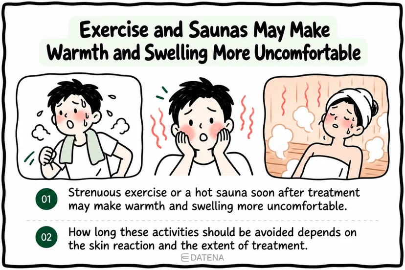 Rejuran aftercare illustration explaining discomfort from exercise or sauna-related warmth and swelling.