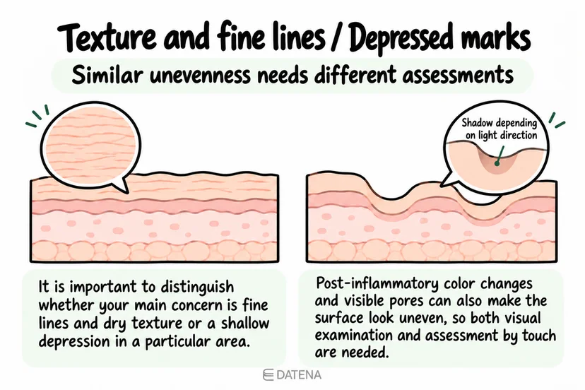Comparison of fine lines and dry texture with depressed marks, highlighting different assessment needs.
