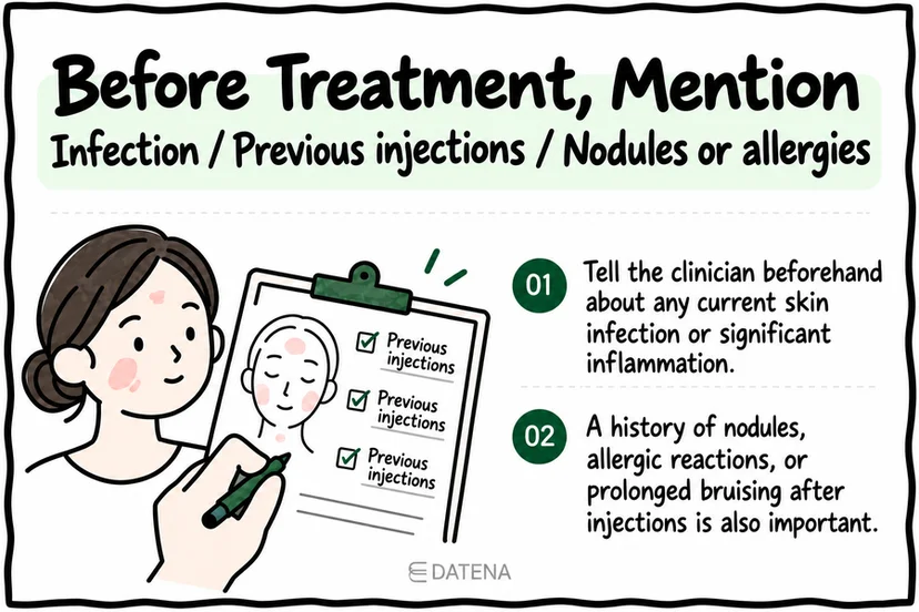 Pre-injection checklist covering infection, previous injections, nodules, and allergic reactions.