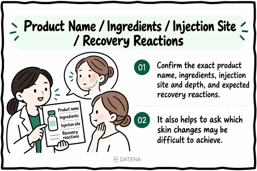 Skin booster consultation checklist: product name, ingredients, injection site, and recovery reactions.