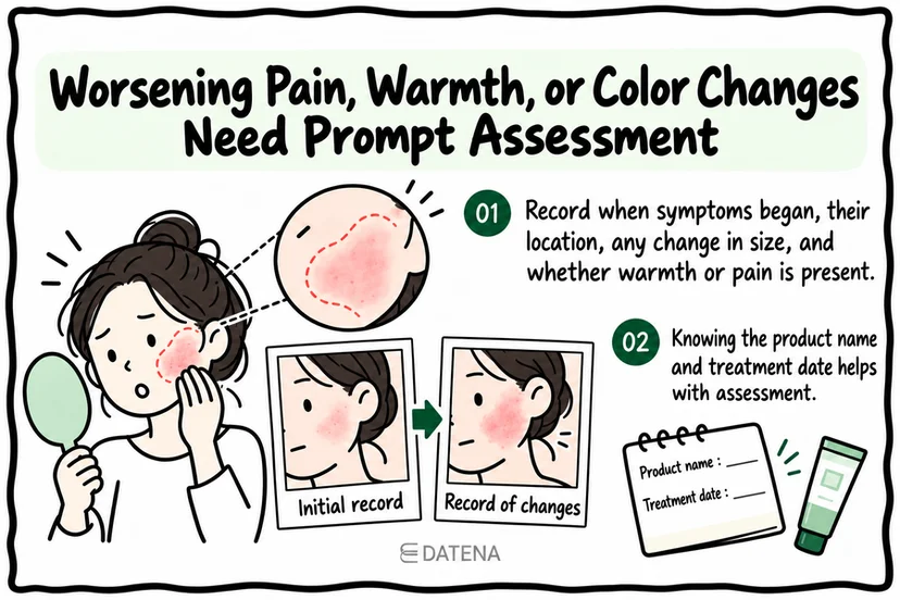 Juvelook Volume warning signs: worsening pain, warmth, or skin color changes needing prompt assessment.