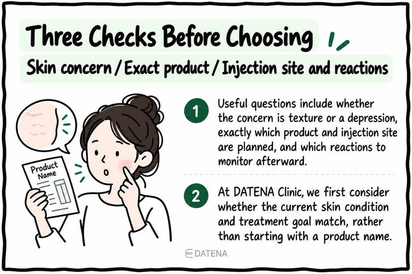 Three checks before Juvelook or Rejuran: skin concern, exact product, and injection site and reactions.