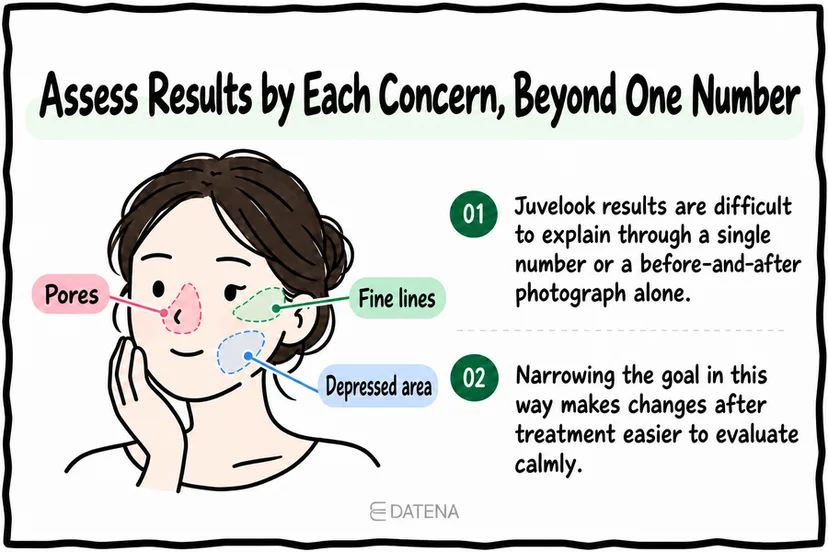 Juvelook results summary explaining assessment by individual skin concern rather than one number.