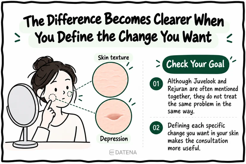 Juvelook and Rejuran summary emphasizing a specific skin concern and the change to assess.