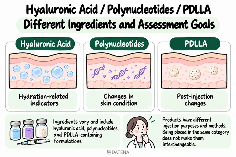 Skin booster ingredient comparison chart: hyaluronic acid, polynucleotides, and PDLLA formulations.