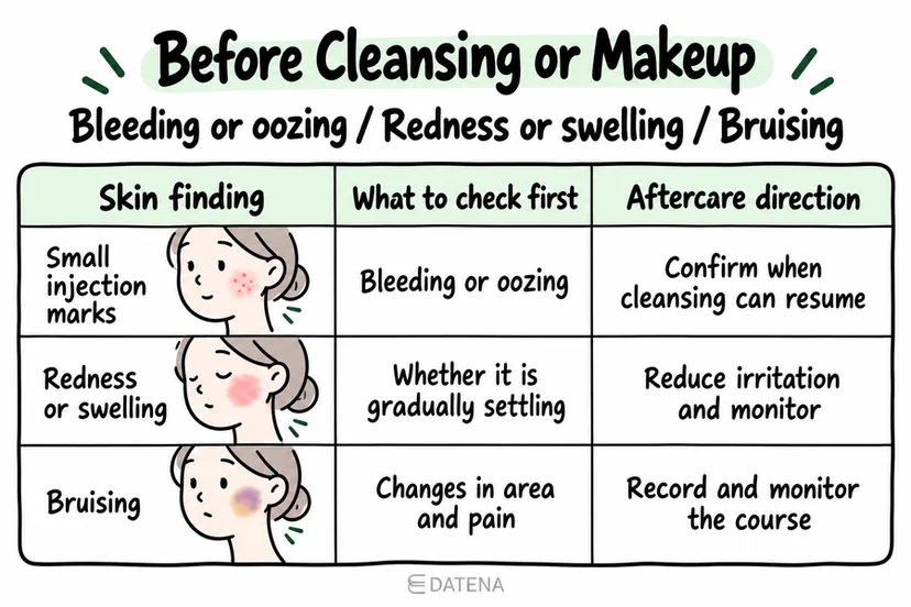Rejuran aftercare chart checking bleeding, oozing, redness, swelling, and bruising before cleansing or makeup.
