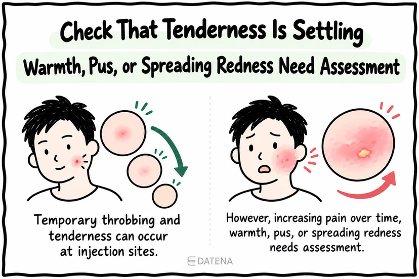 Rejuran recovery comparison of settling tenderness with warmth, pus, or spreading redness.