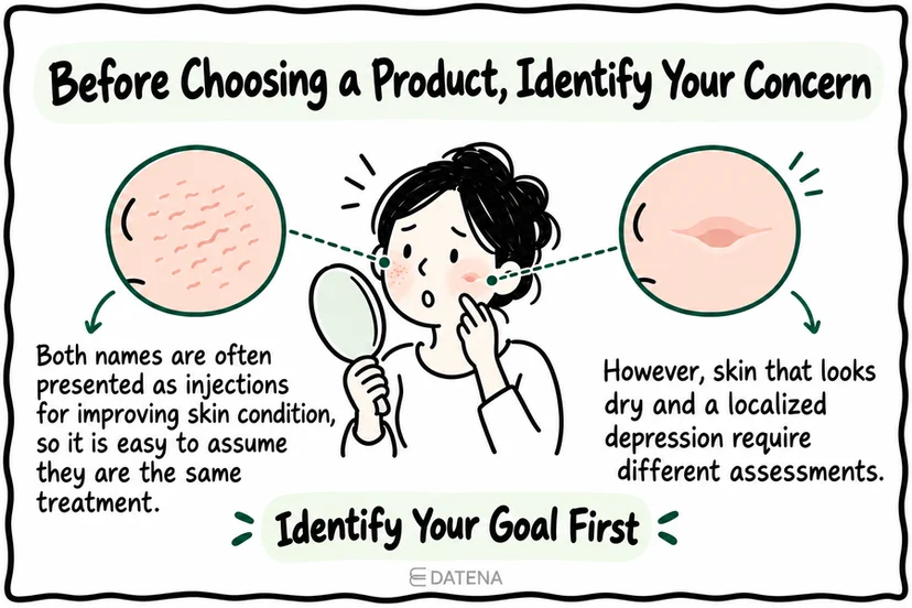Juvelook and Rejuran infographic distinguishing rough, dry skin from localized depressed marks.