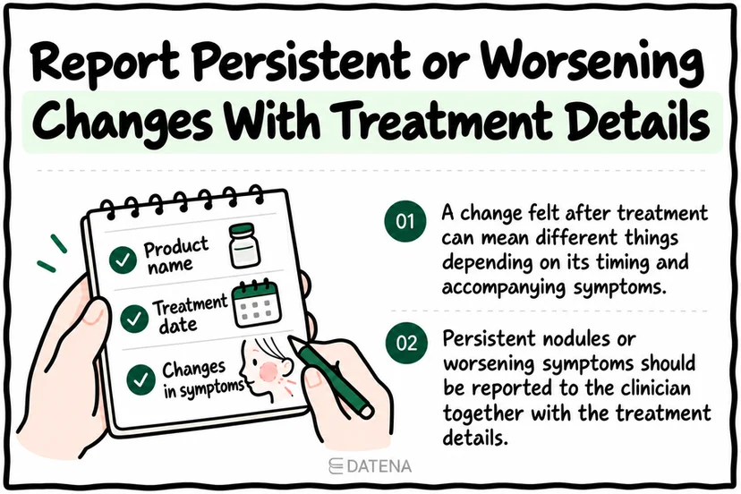 Juvelook Volume aftercare summary for reporting persistent or worsening changes with treatment details.