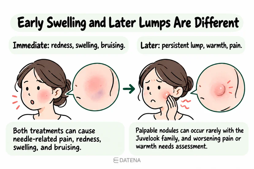 Juvelook and Rejuran aftercare comparison of early swelling with later persistent lumps or warmth.