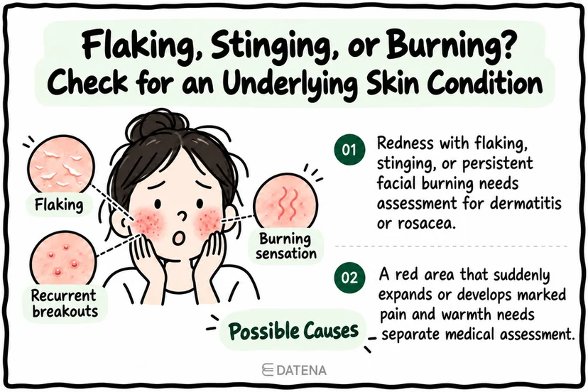 Redness assessment checklist for flaking, stinging, burning, and possible underlying skin conditions.