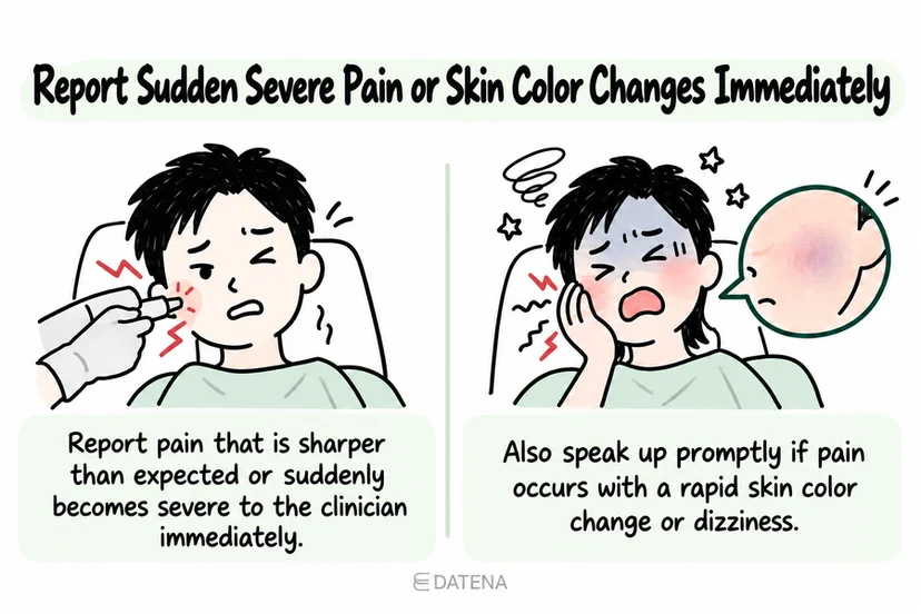 Rejuran warning signs infographic: report sudden severe pain or skin color changes immediately.
