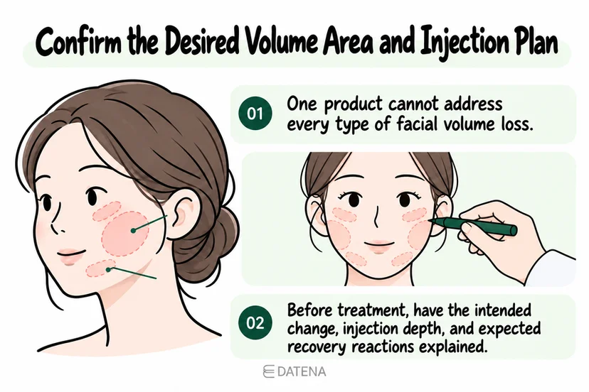Facial volume planning illustration identifying the intended area and the injection plan.