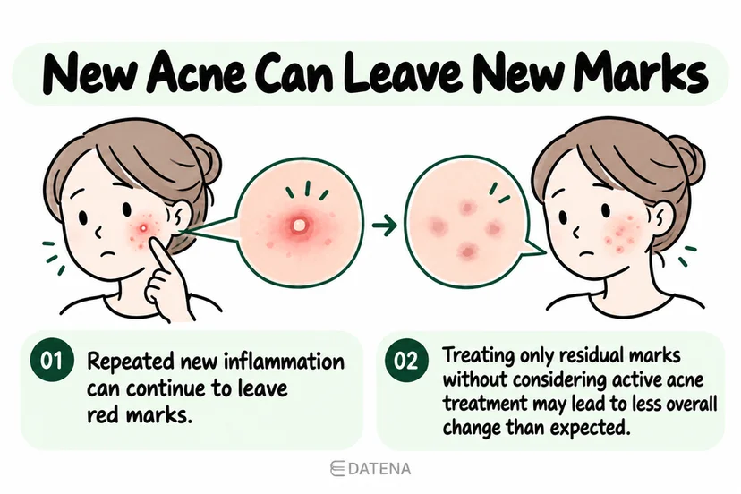 Acne and red-mark infographic showing that new acne can leave additional marks.