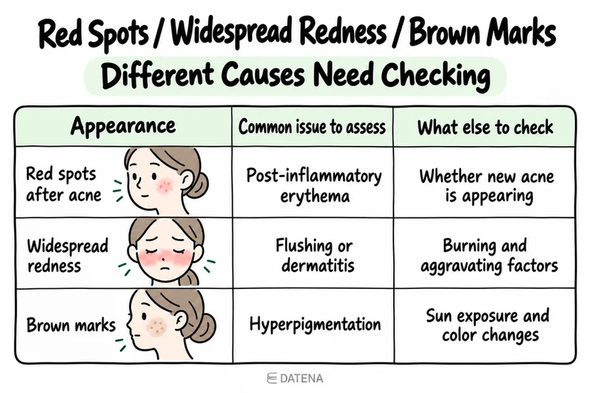 Comparison chart of red spots, widespread redness, and brown marks before considering Vbeam.