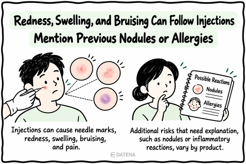 Skin booster injection reactions infographic covering redness, swelling, bruising, nodules, and allergies.