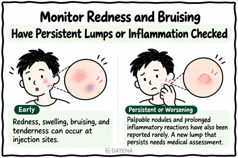 Juvelook injection reactions infographic covering redness, bruising, persistent lumps, and inflammation.