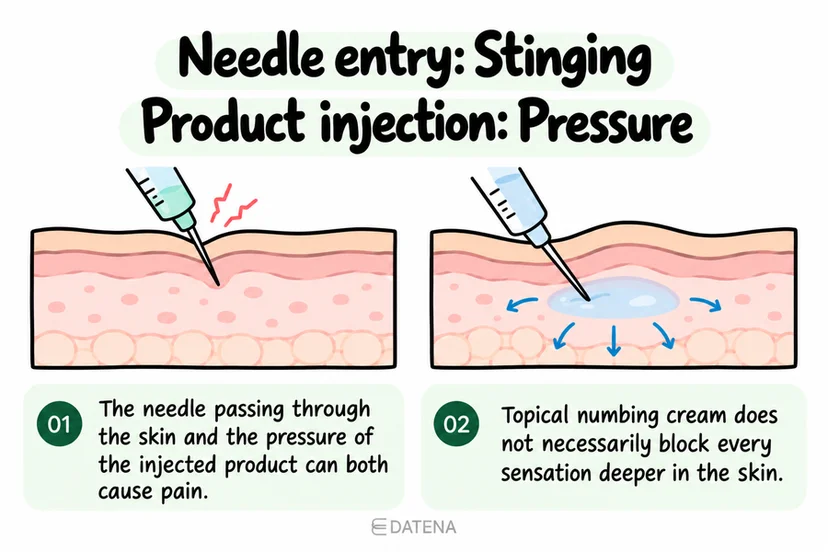 Rejuran injection illustration distinguishing needle-entry stinging from pressure as product is injected.