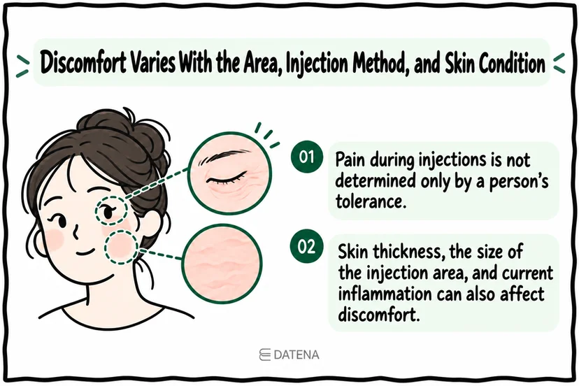 Rejuran discomfort infographic covering treatment area, injection method, and current skin condition.